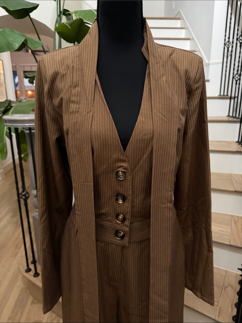 Fashion Nova High-Waist Brown Pinstripe Jumpsuit with Button Front (Medium) - Picture 3 of 6